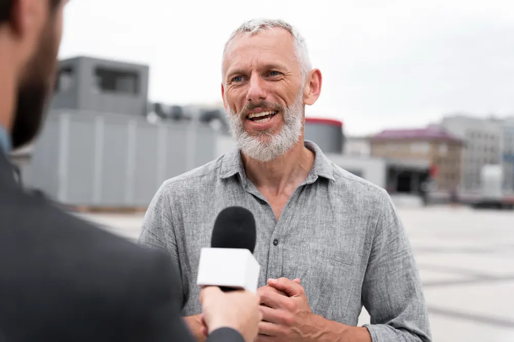 journaliste qui interview un homme aux cheveux gris